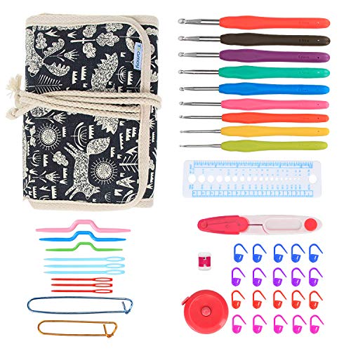 Teamoy Crochet Hooks Gift Set, Organizador de Envoltura de Lona con Agujas de Ganchillo de Agarre Suave y Accesorios de Punto, Animal World