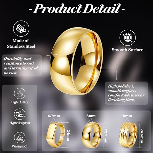 REVOLIA 3Pcs Stainless Steel Rings for Men 8MM Hammered Wedding Ring Set Square Signet Rings Pinky Silver Ring Simple Mens Band Rings Gold/Black/Silver Size 7-133