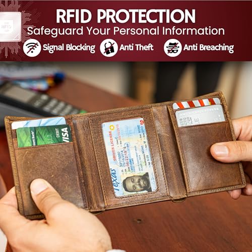 Image of BULL GUARD RFID Genuine Leather Trifold Wallets for Men ID Window, Secret Pocket, Eagle Brown - Wilderness Eagle Stream, 3.25 x 4.25 x 0.75 inches, Trifold Wallet