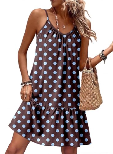Image of Dokotoo Summer Dresses for Women 2026 Spaghetti Strap Sexy Deep V Neck Smocked Ruffle Flowy Boho Dresses