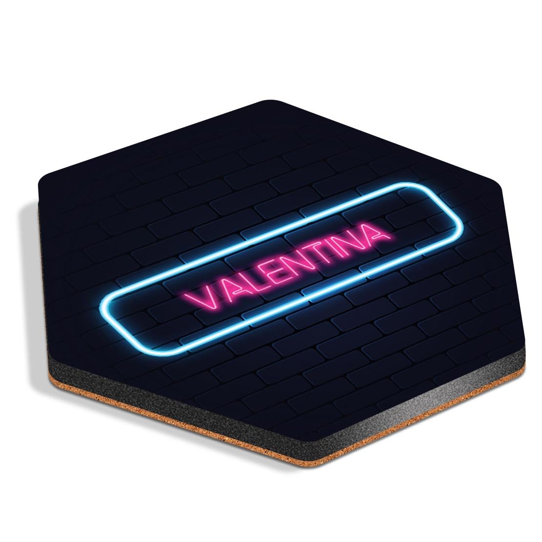 1 x Hexagon Coaster - Neon Sign Design Valentina Name Cork Backed MDF Glossy Tea Coffee Accessory #353562