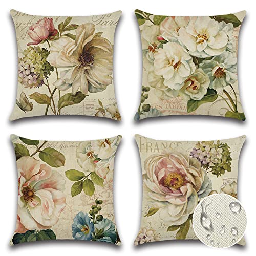 JOTOM Housse de Coussin 45 x 45 cm Fleurs, Oiseaux, Animaux et Plantes Motif Taie d'oreiller Imperméable pour Canapé Maison Salon Chambre Décoration 4 pièces (Fleur rétro)