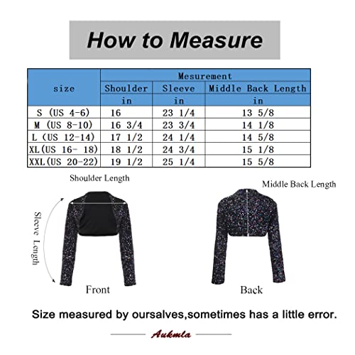 Aukmla Women Sequin Shrug Long Sleeve Bolero Jackets For Evening Dresses Open Front Cropped Cardigan Party Shawls And Wraps Black #TOP2
