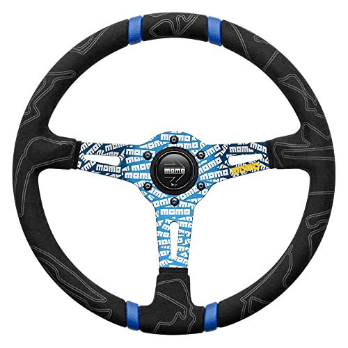MOMO Street Steering Wheel - Ultra - Premium Race Track Microfiber Grip w/Blue Dual Center Stripes & Blue MOMO Etched Spokes - Part # ULT35BK0BU