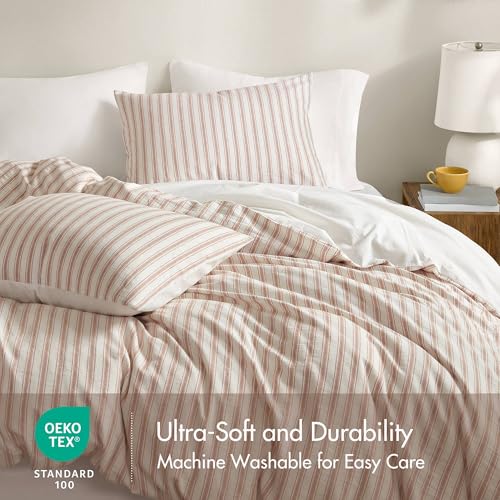 Image of Madison Park Linen Cotton Rayon Blend Duvet Cover Set, 3PC King | Striped Design, Lightweight & Breathable Bedding with Shams, Terracotta