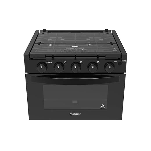 CONTOURE 17” RV Drop-In Gas Range with Oven – 3 Burner Propane Stove, Flame Failure Safety Device, Cast Iron Grates, Glass Cover, LED Knobs – Black (GR-17TCBB)