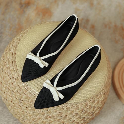 Women's Mesh Bow Low Chunky Heel Pumps Fashion Closed Pointed Toe Knit Slip-On Block Heels Dress Shoes for Wedding Party4