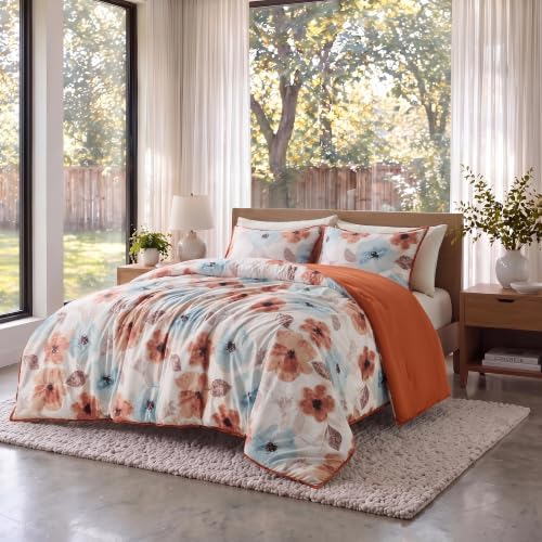 King Size Comforter Set 3 Pieces Brown Summer Cute Floral Bed Set