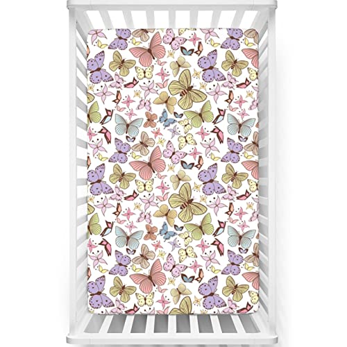 Image of Butterfly Themed Fitted Mini Crib Sheets,Portable Mini Crib Sheets Soft and Breathable Bed Sheets-Great for Boy or Girl Room or Nursery, 24“ x38“,Multicolor