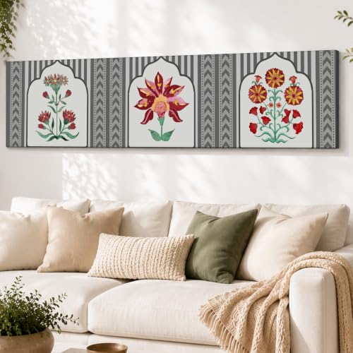Image of Large Stretched Canvas Painting, Panel Wall Painting Traditional Indian Lotus Motif Luxury Paintings for Home Decoration, Living room, Bedroom and Office Decor (Red, 12x46 Inch)