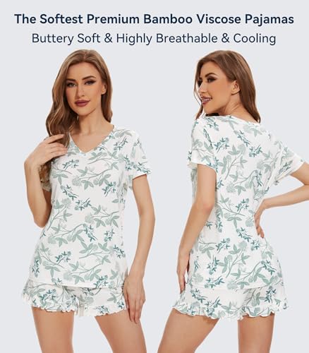 Image of WiWi Womens Pajamas Set Bamboo Viscose Super Soft Short Sleeve Top Ruffle Shorts Sleepwear Cooling Pj Sets S-XXL