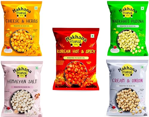 Image of Makhana Munch Roasted Makhana, Variety Pack, Cheese & Herbs, Korean Hot & Spicy, Natkhati Pudina, Himalayan Salt, Cream & Onion, Gluten Free, Low Fat (14g each) (Pack of 5)