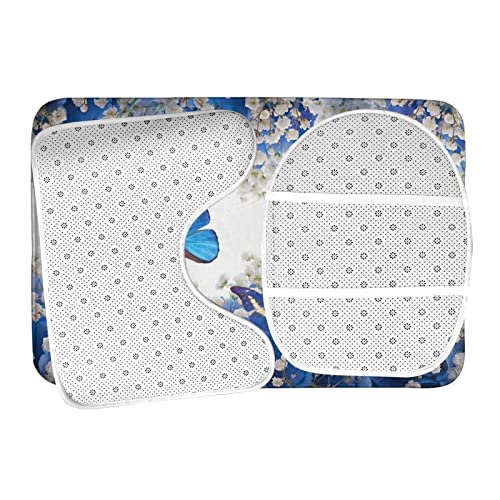 DIRYKILP Badematte + Konturmatte + Toilettendeckelbezug, Blau Schmetterling Weiß Blumen 3 Stück Badematte Set, mit Anti-Rutsch-Klebeboden – Bild 7