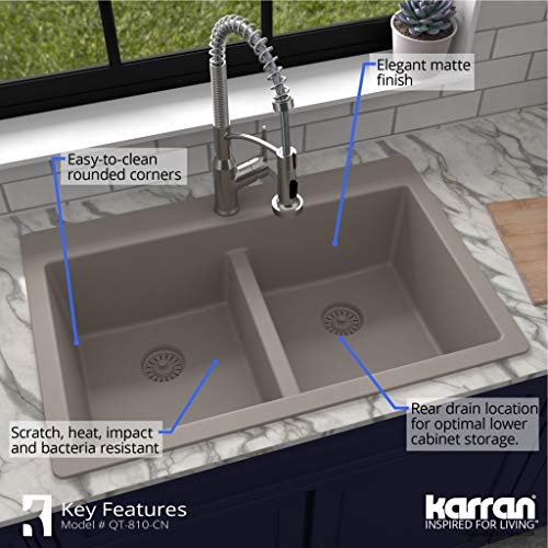 Karran 33\" Concrete Color Quartz Composite Double Bowl Kitchen Sink – Top Mount Drop-In 50/50 Low Divider, 80% Natural Quartz, 535°F Heat Resistant, Sound Dampening, Granite Composite, QT-810 - Thumbnail 4