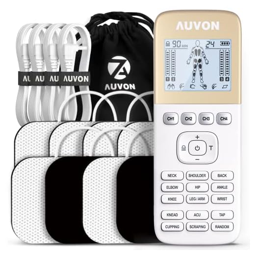 AUVON 4 saídas H1 TENS unidade 24 modos estimulador muscular para alívio da dor, máquina recarregável TENS EMS com design de botão fácil de selecionar, 2 x vida útil da bateria, bolsa à prova de poeira e 8 almofadas de eletrodo (dourado)