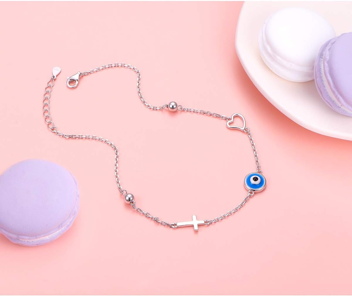 FLYOW S925 Sterling Silver Anklet for Women Summer Boho Beach Charm Adjustable Foot Ankle Bracelet Jewelry Birthday Gift