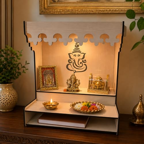 Image of Zesta Wooden Mandir for Home Big Size | DIY Pooja Mandir with LED Spot Light | Devghar Cabinet for Living Room or Office | Wall Mounted Pooja Unit for Home (White)