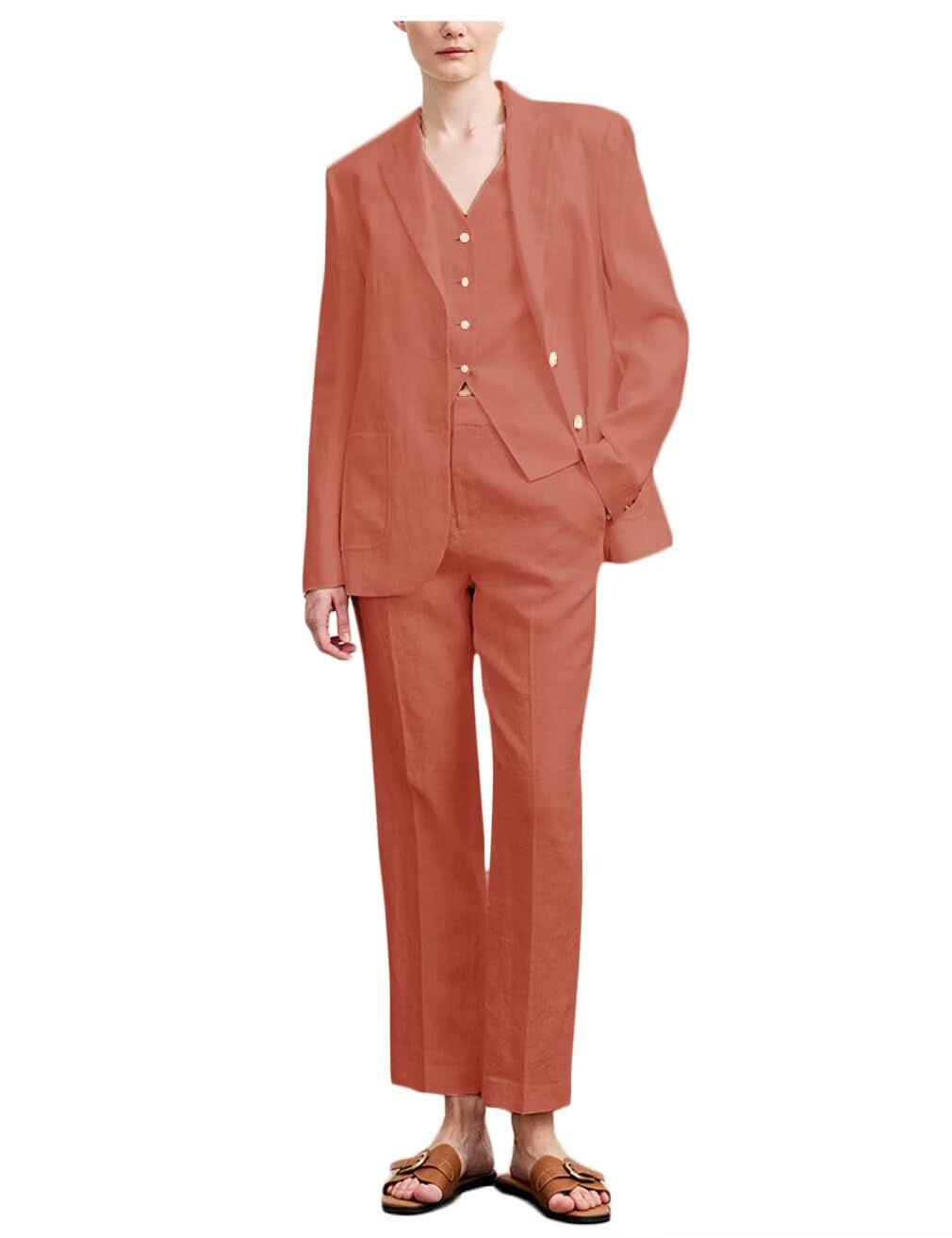Womens Linen 3 Piece Blazer Vest Pants Set Lightweight Summer Suit Relaxed fit Casual Formal