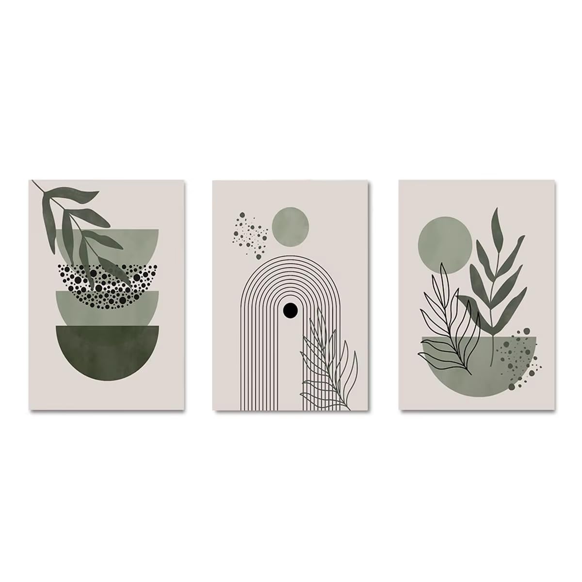 3pcs Bohemian Sage Green Geometric Canvas Print Poster Modern Abstract Art Print Living Room Home Decor Wall Picture(60x90cm/24x36in/Frameless)