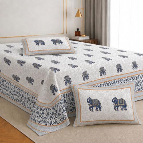 Image of Jaipur Weaves Jaipuri Cotton King Size Bedsheet 108x108 Super King, 144 TC 100% Pure Cotton Double Bed Sheet with 2 Pillow Covers, Royal Elephants Traditional Print - (Elephants Blue, Super King)