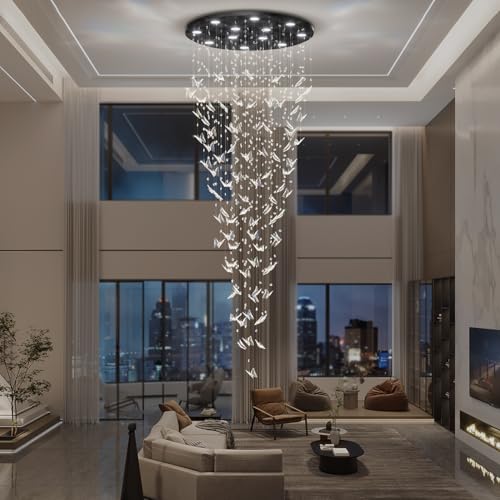 Image of ykolupty H102 High Ceiling Chandelier Modern Crystal Chandeliers Raindrop Chandelier for Staircase Foyer Entryway Living Room Dimmable 3000-6000K (Black Chandeliers)
