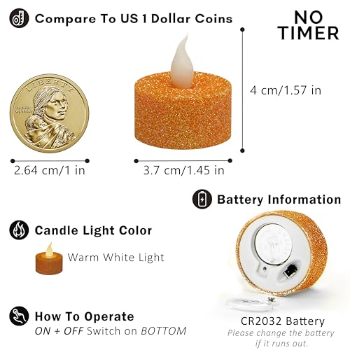 Image of FURORA LIGHTING Orange Glitter Flameless Tealights - 1.45 inch W x 1.57 inch H, 12-Pack, Batteries Included