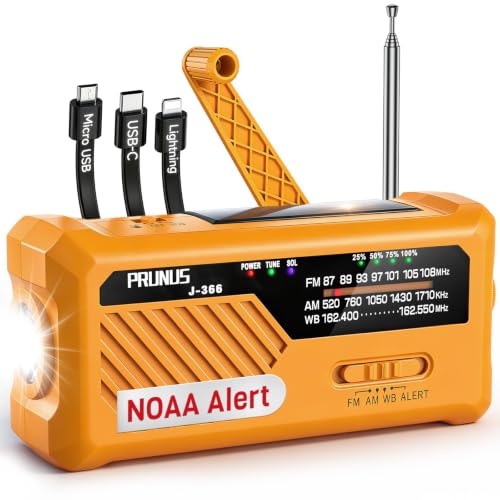 PRUNUS J-366 Emergency Radio with 3 Charging Cables, NOAA Weather Alert