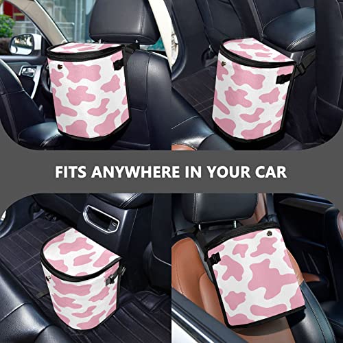Image of linqin Pink Cow Print Car Trash Can with Lid Leak Proof Car Trash Bag Waterproof Car Garbage Can, PolyesterTrash Bin Hanging for Minivan SUV Truck