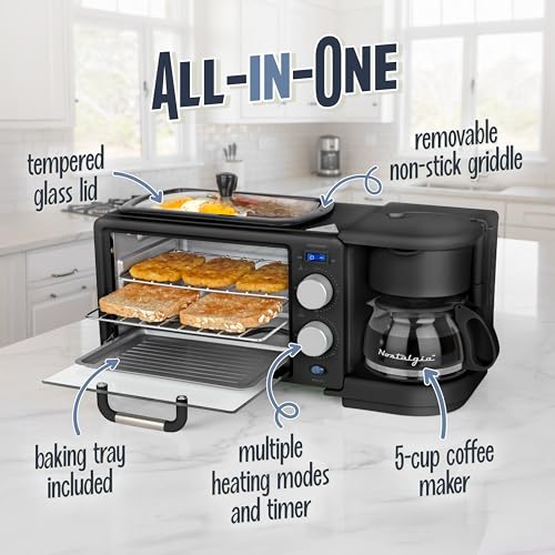 Nostalgia 3-in-1 Retro Breakfast Station - Includes 5 (4 Oz) Cup Coffee Maker, Non-Stick Ceramic Griddle, and 4-Slice Toaster Oven - Built-In Timer, Reusable Coffee Filter, Space-Saving Design - Black - image 4