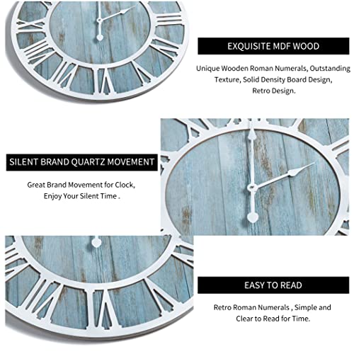 Wood Wall Clock Farmhouse Style Metal Silent Non Ticking Round Rustic Beach Blue Solid Wooden Noiseless Wall Clocks with Roman Numerals for Living Room Decor,Dining Room,Kitchen,Office (40CM)… - Image 5