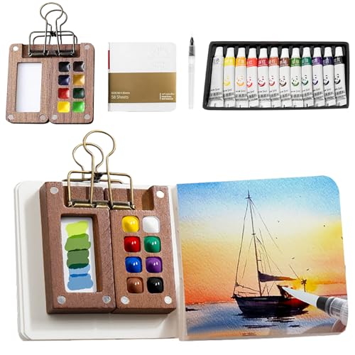 Mini-aquarelset, 8 rasters, draagbare mini-palet, pocket aquarelset van hout, schetsboek, palet, reisset met bindclips, aquarelpapier, aquarelpenseelstiften, voor kunstenaars en studenten