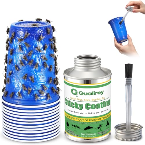 Qualirey 8 oz Sticky Coating Insect Trap with Brush and 12 Trap Cups DIY Insect Adhesive Barrier Coating for Lanternflies & Deerflies Outdoor Guard for Trees Plants Gardens & Orchards