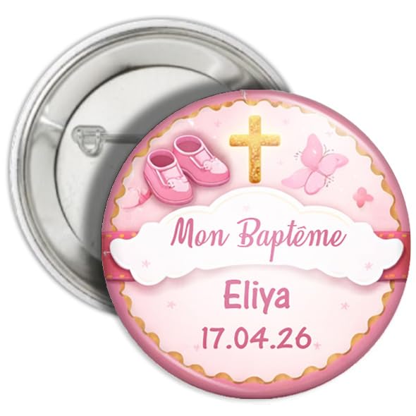 Générique Badge Baptême Personnalisé – Prénom et Date – Cadeau Invités Baptême – Magnet ou Porte-clé – Modèles Fille Garçon (Rose)