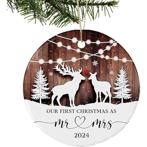 Our First Christmas Married Ornament 2024,Just Married Christmas Ornament as Mr and Mrs, First Year Newlywed 2.9" Ceramic Round Ornament, Wedding Decoration for Couple Married Cover