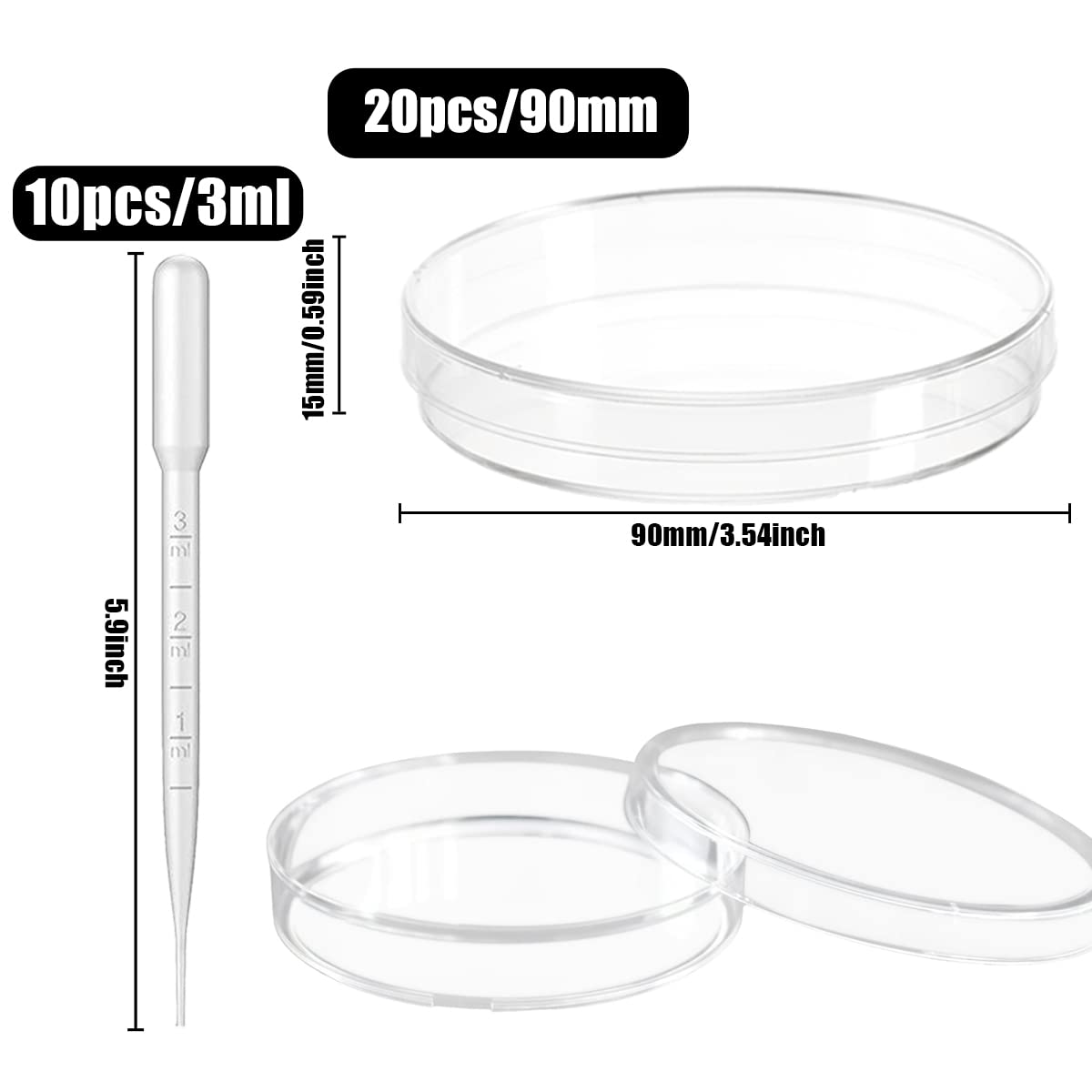 HONGECB Plastica Di Petri Con Coperchio, Piastra di Petri Sterilizzata Trasparente, Coltura Batterica Piastre Di Petri, per Cultura di Laboratorio ​Lievito Batterico, Con 10 Pipette, 90mm, 20 Pezzi