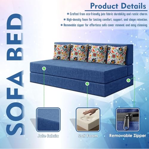 Image of Los Angeles Foldable Four Seater Sofa Cum Bed, Sofa Bed 6 X 6 Ft, Jute Fabric Washable Cover- Including Cushion Perfect for Living Room - Blue