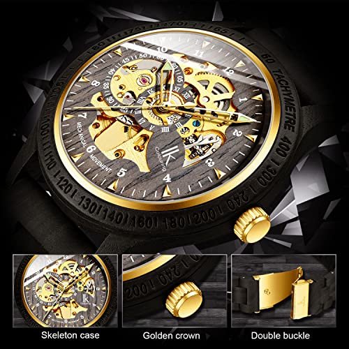 Image of IK COLOURING Men's Watches Luxury Mechanical Wooden Case Skeleton Lumious Automatic Self-Winding Lightweight Genuine Leather Bracelet /Wood Band Wrist Watch