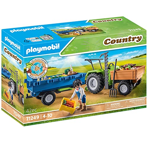 Playmobil 71249 Tracteur avec remorque - Country - La Vie à la Ferme - La Gamme Petite Ferme Comprend Plus de 80% de matériaux recyclés ou biosourcés en Moyenne - Dès 4 Ans
