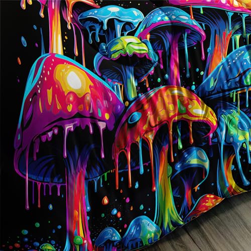 Image of AILONEN 3D Oil Painting Mushroom Comforter Set Queen Size - 3 Pieces With Quilt and 2 Pillowcases for Boys Girls Room Decor, Cartoon Bedding Set
