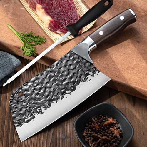Image of Machado Forging Serbian Chef Knife Set - 12 inch Full Tang High Carbon Clad Steel Butcher Cleaver with Knife Sharpener - Perfect for Vegetables, Fish, Meat - Ideal for Kitchen, Hotel, Restaurant
