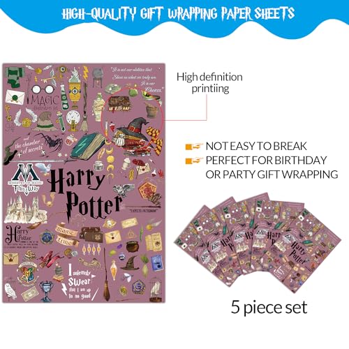PADIEOE Pack of 5 Harry Gift Wrapping Paper 51x75cm Kraft Paper Durable Gift Wrap Pack for Kids Birthday, Party Storage Festive Decoration - Image 4
