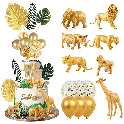 22 Pcs Safari Jungle Animals Cake Toppers Glitter Balloons Cake Topper With Gold Animals Figures For Safari Birthday Decorations Wild One Jungle Themed Baby Shower Party Supplies (Golden) #TOP30