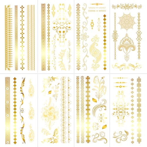 8 Sheet Gold Metallic Temporary Tattoos for Adult Women Gold Glitter Flash Waterproof Tattoo Stickers for Beach Festivals Parties Tattoos Decorations Q725