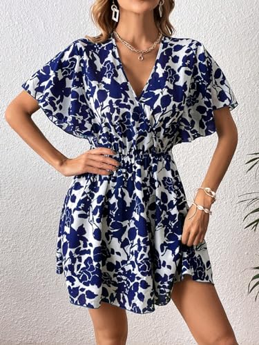 Floerns Women's Allover Floral Print Flounce Short Sleeve V Neck A Line Short Dress3