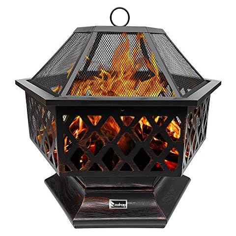 Fire Pit Table, Outdoor Multifunctional Square Metal Firepit Wood Burning Stove with Mesh Spark Screen Cover, Outdoor Heating, Fire Poker for Outside Backyard Patio Camping Picnic Bonfire (Black-D) Cover