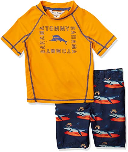 Tommy Bahama Boys' Rashguard and Trunks Swimsuit Set, Orange/Shark, 2T