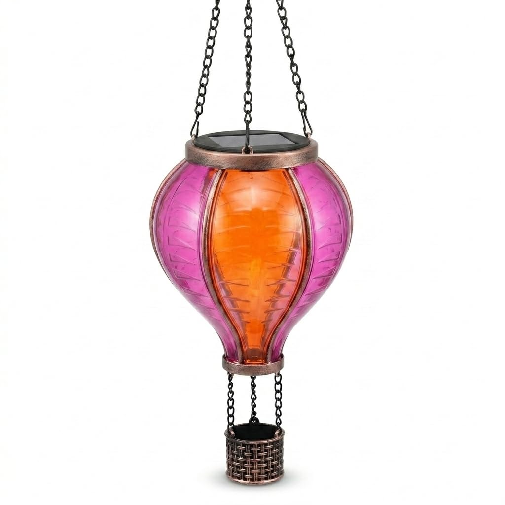 Solar Hot Air Balloon Garden Light Outdoor Hanging Lamp, LED Solar Powered Decorative Light for Patio Balcony Garden, Waterproof Colourful Balloon Lantern for Outdoor Decor (Pink & Orange)