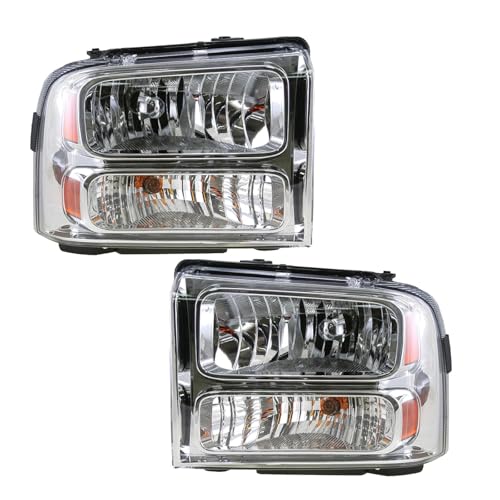 Image of TRQ Driver and Passenger Side Headlight Assembly Set Chrome Housing Compatible with 05 Ford Excursion 04-07 Ford F-250 Super Duty XL 04-07 Ford F-350 Super Duty XL