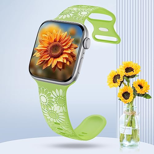 Image of Sunflower Engraved Band Compatible with Apple Watch Bands 38mm 40mm 41mm 42mm 44mm 45mm 49mm Women, Designer Soft Glossy Floral Silicone Strap for iWatch Series Ultra 11 10 9 8 7 6 SE 5 4 3 2 1