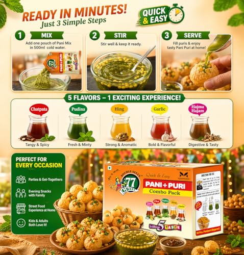 Image of 77 Green Pani Puri Combo Pack - Ready-to-Fry Crispy Golgappa Shells with Instant Spiced Pani Mix | Street-Style Indian Chaat Snack | Party Appitizer | No Added Colors or Preservatives